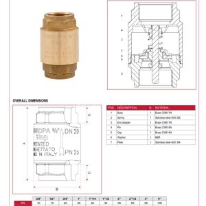 Cấu tạo thông số kích thước Van 1 chiều đồng lò xo ITAP 100